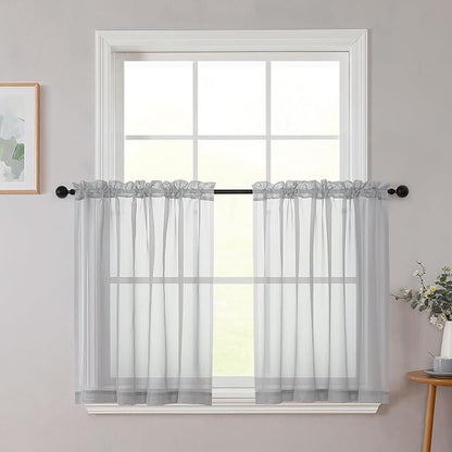 Light Grey Kitchen Curtains 30 Inch Length Tier 2 PCS, Solid Soft Half Curtains by WelvetBLK
