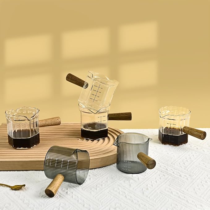 Glass Measuring Cup, 5oz Clear Espresso Shot Glass with Wood Handle, Double Spouts Measuring Triple Pitcher Milk Cup for Coffee Tea (Transparent)