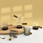 Glass Measuring Cup, 4oz Espresso Shot Glass with Wood Handle, Double Spouts Measuring Triple Pitcher Milk Cup for Coffee Tea (Gray Ribbed）