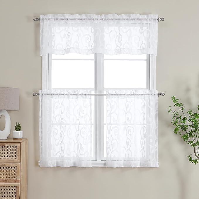 Furman Sheer White Curtains 24 Inch Length 2 Panels Set, Elegant Geometric - Image 7