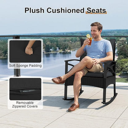 Tangkula 3 Pieces Outdoor Rocking Chairs Set, Rattan Heavy Duty Cushioned - Image 5