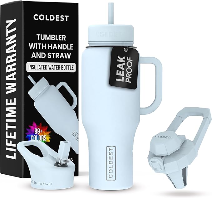 Coldest 40 oz Tumbler with Handle and Straw - 100% Leak Proof Insulated Tumbler with Lid and Straw (3 Lids) - Stainless Steel Tumblers for Women & Men - Cup Holder Friendly Base, 36 oz (Morning Mist)