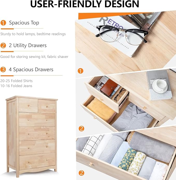 VINGLI Unfinished Natural Solid Wood 6 Drawer Dresser - Image 6