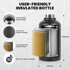 Insulated Water Bottle 64 oz, Triple Wall Vacuum Stainless Steel (Cold for 48 Hrs), Leak Proof & Non-BPA, Half Gallon Water Flask Jug with Paracord Handle & Straw Spout Lids, Magic Black