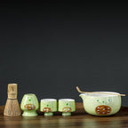 Green Matcha Set -Cute Cat Matcha Kit Includes Ceramic Bowl, Whisk and Holder, Bamboo Scoop - 6 Pcs Matcha Whisk Set for Matcha Lovers
