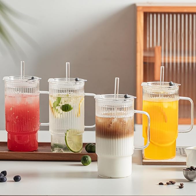 KEMORELA 2PCS 20 Oz Ribbed Glass Tumblers with Lids & Straws – Handle Iced Coffee Cups, Reusable Clear Drinkware for Smoothies & Cold Beverages – Dishwasher Safe