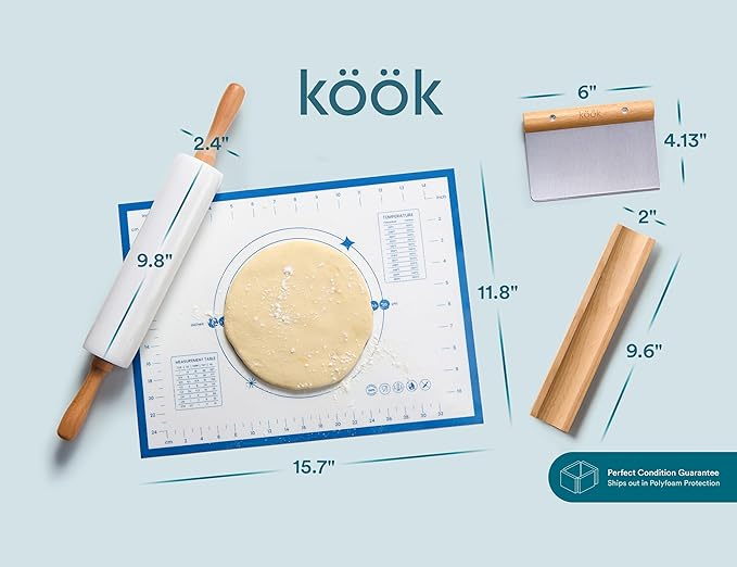 Kook Marble Rolling Pin Set, 18 Inch Rolling Pin with Beechwood Handles, Wooden Holder, Metal Scraper, Silicone Mat, Nonstick, for Baking Pizza Dough, Pastries, Tortillas