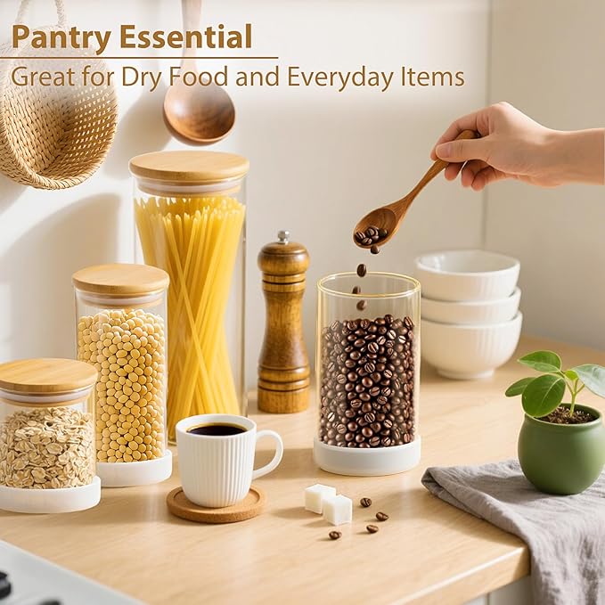 Glass Storage Containers with Bamboo Lids – 7 Pack Airtight Clear Glass Jars in Mixed Sizes (17oz/25oz/34oz/53oz/73oz) for Pantry Organization, Kitchen Dry Food, Coffee, Flour, Pasta & Snacks