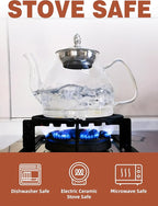 TETWIN Glass Teapot Including 6 Blooming Flower Tea Balls, Stovetop Safe Tea Pot with Removable Infuser for Loose Leaf Tea, 1000ml / 33.8oz