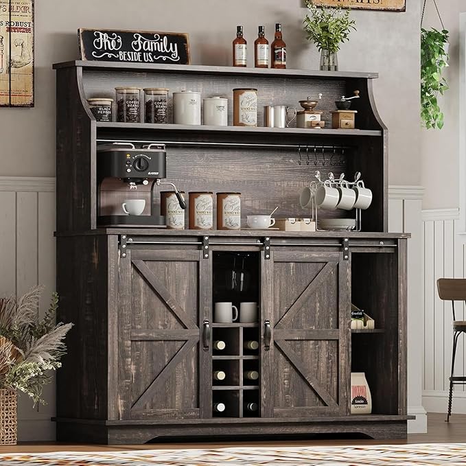 47 Inch Farmhouse Coffee Bar Cabinet with 3-Tier Storage, Kitchen Hutch with 9 Wine Racks & 3 Glass Holders, Coffee Bar with 6 Hooks, Wine Bar Cabinet for Dining Living Room, Rustic Oak