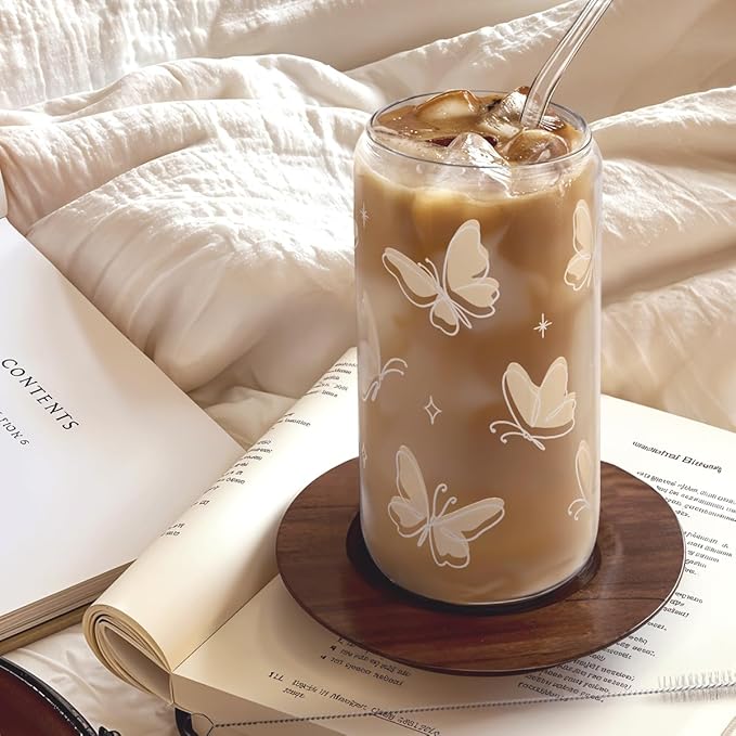 SANDJEST Butterfly Glass Can, Iced Coffee Aesthetic,Cup, Gifts for Christmas Birthday, Gift for Women Girls, 16oz