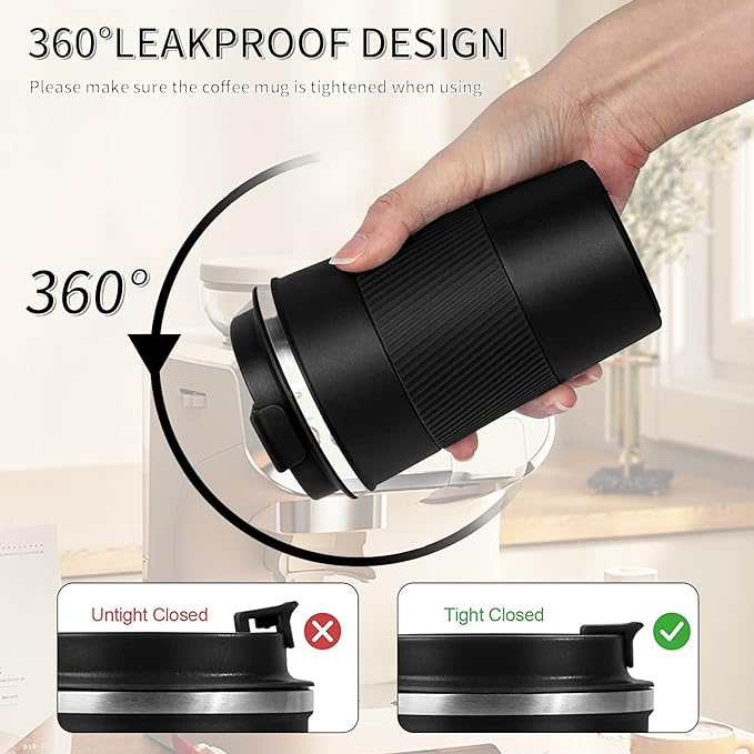 YINBAOGE Insulated Travel Coffee Mug Spill Proof Leak Proof Pobtable To Go Camping Stainless Steel Coffee Tumbler Reusable Coffee Cups with Lids Thermos for Hot and Cold Drink (Black, 12 OZ)