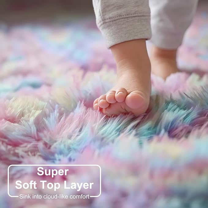 Amdrebio Rainbow Unicorn Pastel Fluffy Small Area Rug 3x5 - Image 4