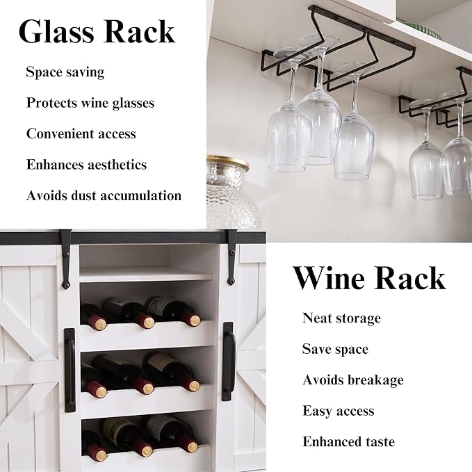 Coffee Bar Cabinet with Sliding Barn Doors 71'' Farmhouse White Pantry Cabinet with Drawers & Wine Glass Rack Rustic Buffet Cabinet for Kitchen, Black