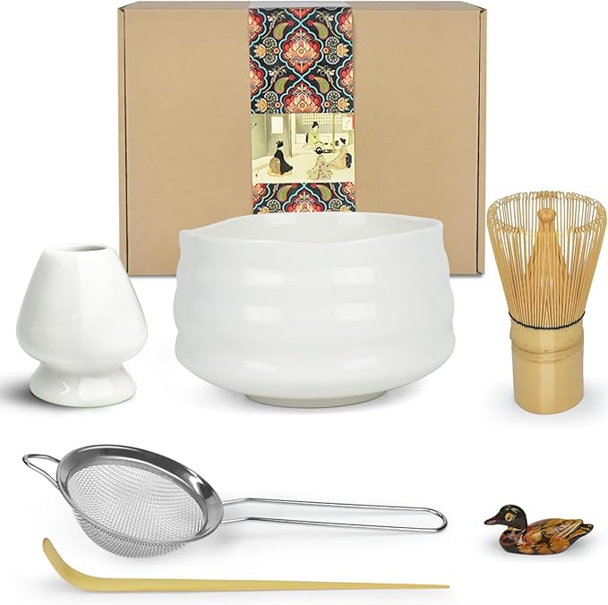 Artcome Matcha Ceremony Kit for Japanese Tea Ceremony, Traditional Matcha Bowl, Whisk, Tea Scoop, Matcha Powder Strainer, Matcha Tea Set For Making Usucha, Koicha and Matcha Latte (White)