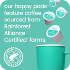 happy coffee light roast coffee pods, 10 count, notes of toasted biscotti and levity, compatible with most K-cup brewers, rainforest alliance certified