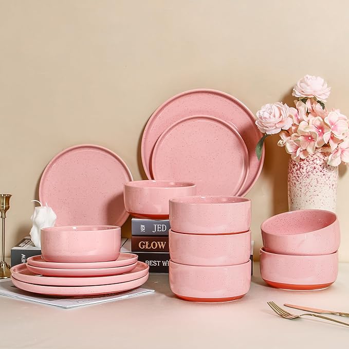 GZG Ceramic Dinner Plates Set of 4, 10.25 Inch Speckled Stoneware Plates with Clay-Tone Base, Large Ceramic Plates for Steak, Salad, Pizza, Microwave Oven Dishwasher Safe