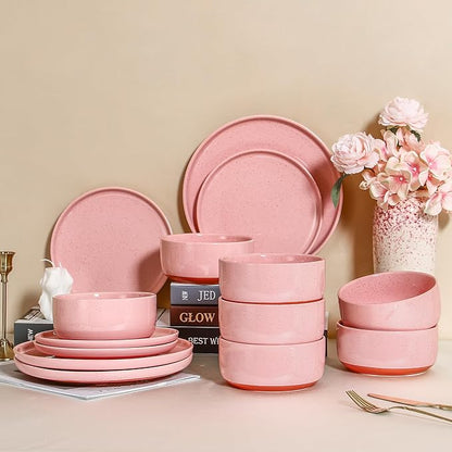 GZG Ceramic Dinner Plates Set of 4, 10.25 Inch Speckled Stoneware Plates with Clay-Tone Base, Large Ceramic Plates for Steak, Salad, Pizza, Microwave Oven Dishwasher Safe