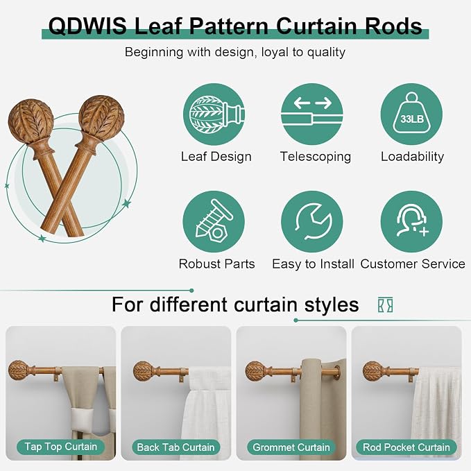 QDWIS Boho Wood Curtain Rods for Windows 48 to 84 inch, Rustic Decorative - Image 6