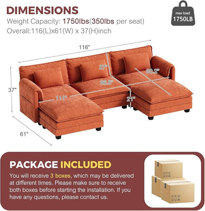 ELUCHANG Oversized 116" Modular Sectional Sofa, Comfy Cloud Couch, U Shaped - Image 2