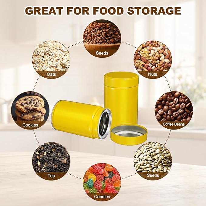 uxcell 2Pcs Round Tea Canisters, 5" x 3" Airtight Metal Tea Containers for Loose Tea, Coffee Beans, Spices - Durable, Compact, and Stylish Storage Tea Tin (Yellow)