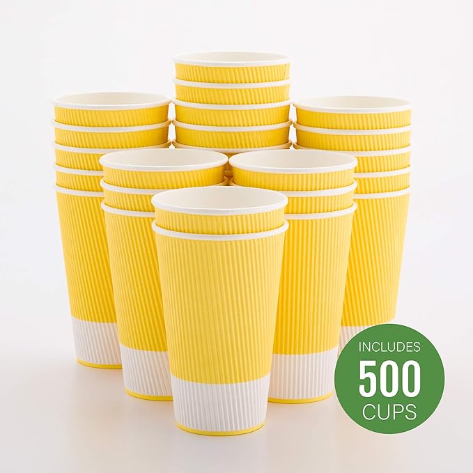 Restaurantware 16 Ounce Double Wall Disposable Coffee Cups, 500 Insulated Light Yellow Paper Tumblers with Ripple Wall Design, Lids Sold Separately for Hot Drinks like Tea, Hot Chocolate and More