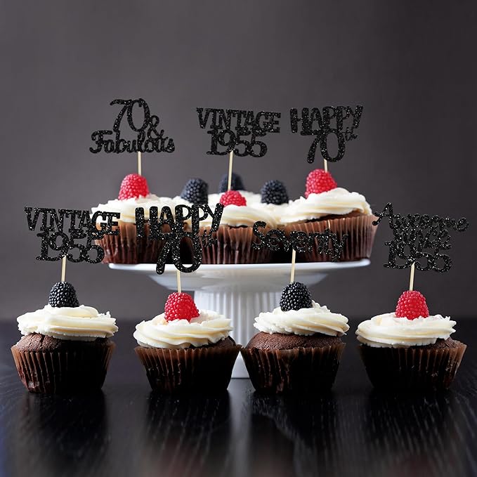 Gyufise 30Pcs 70th Birthday Cupcake Toppers Vintage 1955 Seventy Cake Decorations Cheers to 70 Fabulous Seventy Cupcake Picks 70th Birthday Wedding Anniversary Party Cake Decorations Supplies Black