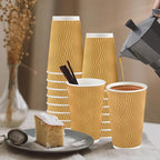 80 Pack 16 OZ Disposable Coffee Cups with Lids and Straws, Insulated Paper Coffee Cups with Lids, Corrugated Ripple Wall To Go Cups for Hot Drink, Coffee, Hot Chocolate, Water, Juice - Champagne