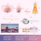 DELLAN Matcha Whisk Set, Cherry-Blossom Matcha Set Making Kit Includes Ceramic Matcha Bowl, Whisk and Holder, Bamboo Scoop, Scoop Rest, Sifter, Greeting Card and Tea Towel - 8 Pcs Matcha Set Pink