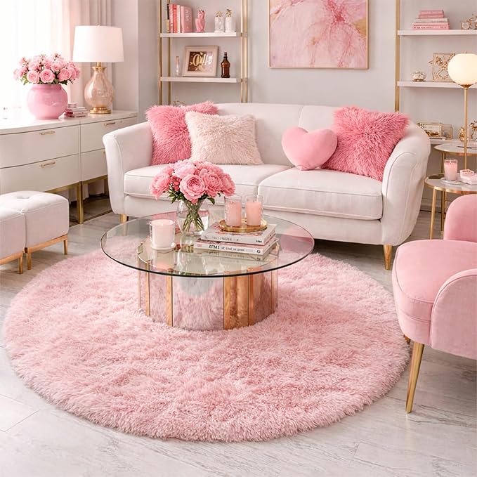 Amdrebio Pink Small Furry Circle Area Rug 3Ft - Image 7