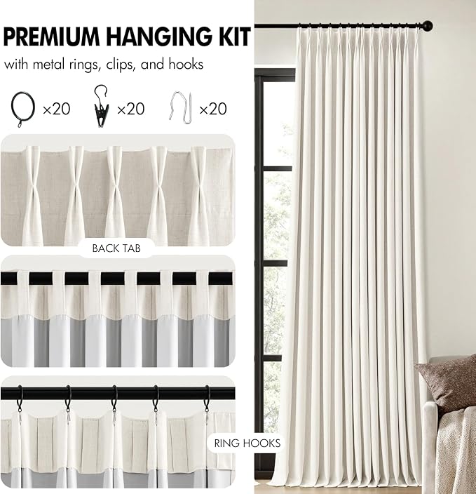 MIULEE Beige White Pinch Pleated 100% Blackout Linen Curtains 40x108 Inches | - Image 8