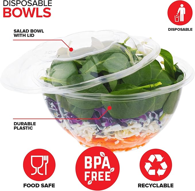 Stock Your Home 32oz Clear Plastic Salad Bowls with Lids Disposable (50 Pack) Medium Takeout Container with Snap on Lid for Fruit Salads, Quinoa, Lunch and Meal Prep, Acai Bowl, To-Go Party Containers