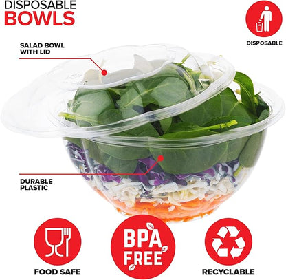 Stock Your Home 32oz Clear Plastic Salad Bowls with Lids Disposable (50 Pack) Medium Takeout Container with Snap on Lid for Fruit Salads, Quinoa, Lunch and Meal Prep, Acai Bowl, To-Go Party Containers
