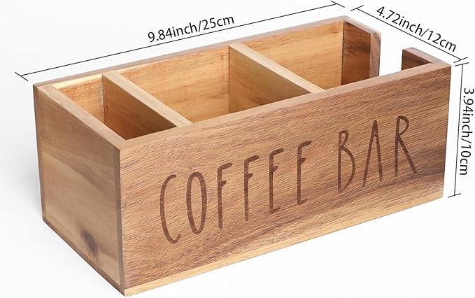 Acacia Wood Station Organizer,Coffee Station Organizer for Cup Lid Stirrers Pod, Disposable Coffee Cup Holder, Farmhouse Accessories Decor, Brown Labeled COFFEE BAR