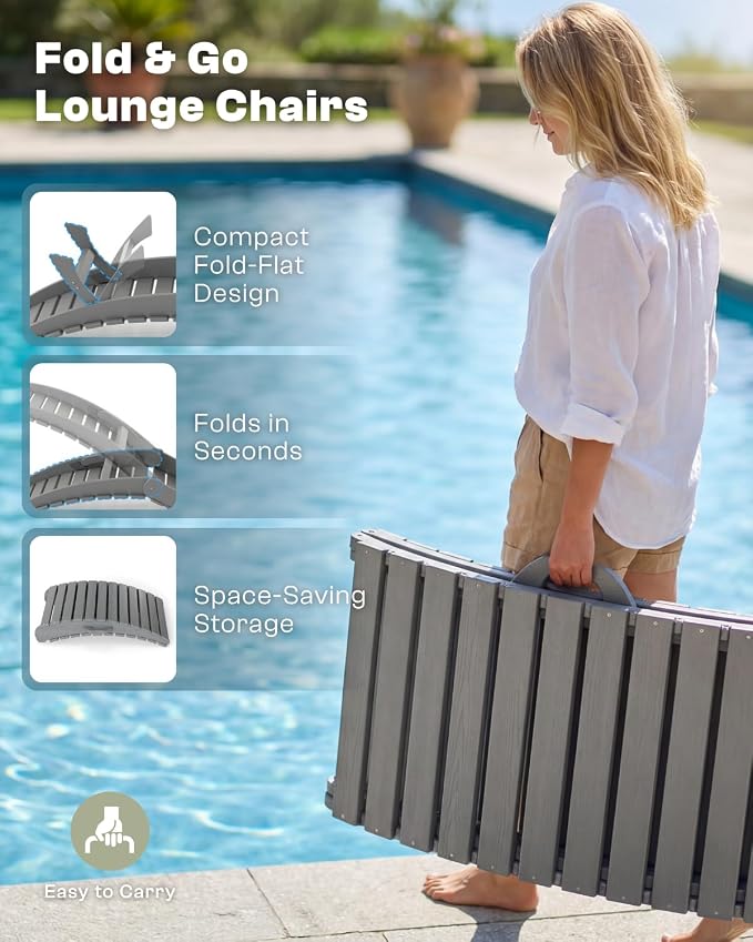 Folding HDPE Pool Lounge Chairs Set of 2, Pre-Assembled Outdoor Chaise Lounge - Image 3