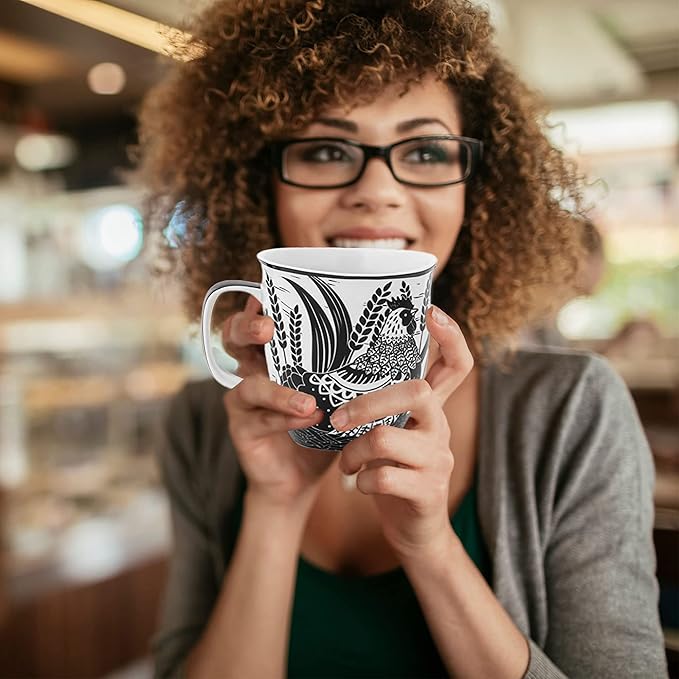 Karma Gifts 16 oz Black and White Boho Mug Rooster - Cute Coffee and Tea Mug - Ceramic Coffee Mugs for Women and Men