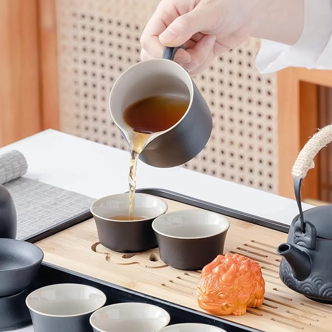 ICHAG Japanese & Chinese Tea Set, Adults' Portable Gongfu Tea Set with Teapet with Porcelain Teapot, 8oz Teapot,14-Piece 茶具 for Home/Outdoor/Office Gifts (Gray)