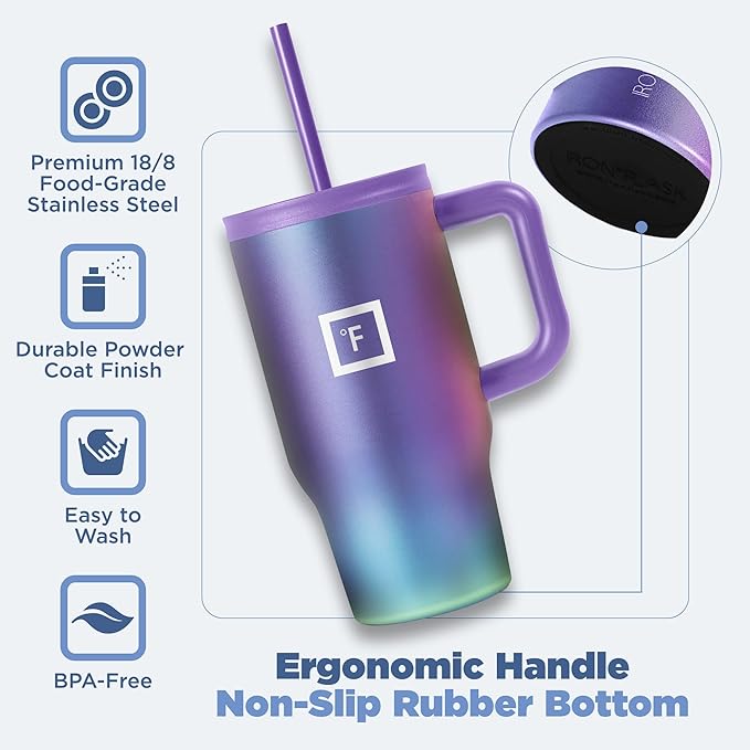 IRON °FLASK Co-Pilot Insulated Mug w/Straw & Flip Cap Lids - Cup Holder Bottle for Hot, Cold Drink - Leak-Proof- Water, Coffee Portable Travel Tumbler - Cashmere Cream, 16 Oz