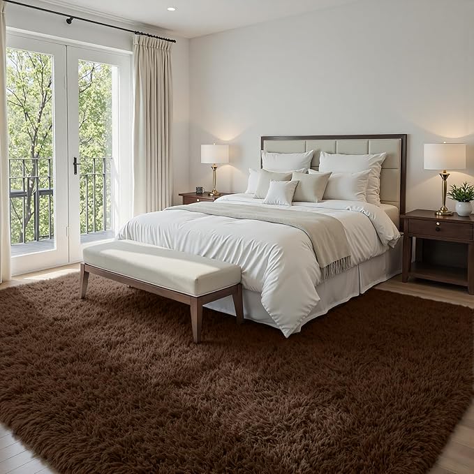 5x8 Fluffy Shag Area Rugs for Living Room Bedroom: Soft Plush Carpet Brown | - Image 2