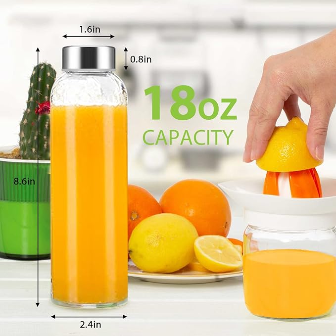 Clear Glass Bottles with Lids 18 oz, Reusable Glass Water Bottles with Stainless Steel Cap for Juicing, Refrigerator,100% Leak Proof, BPA Free, Juice Water Bottle Set of 6
