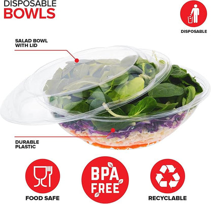 Stock Your Home 64 oz Clear Plastic Salad Bowls with Lids Disposable 120 Pack, Extra Large Takeout Containers for Fruit Salads Meal Prep and Parties