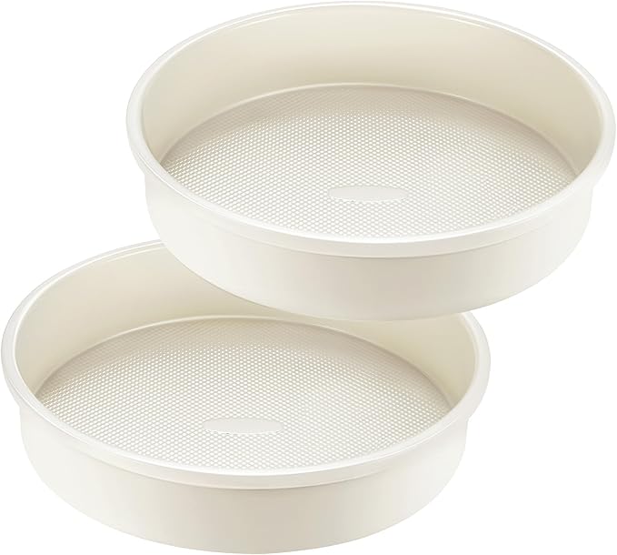 HONGBAKE 9 Inch Round Cake Pan Set of 2, Nonstick Ceramic Coating Cake Molds with Diamond Texture, 0.8 mm Aluminized Steel Cake Pans Sets for Baking & Cheesecake, Heavy Duty & Non-Toxic (Cream, 2PCS)