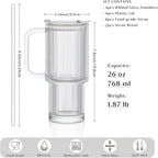 INSETLAN 26oz Ribbed Glass Tumbler with Handle & Lid – 4-Pack Large Iced Coffee Cups with Straws, Modern Glass Mug for Cold & Hot Beverages, Aesthetic Travel Cup for Smoothies, Tea, and Juice