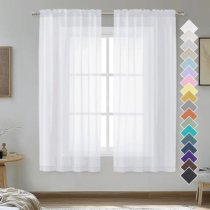 White Sheer Curtains 63 inch Length 2 Panels by OVZME