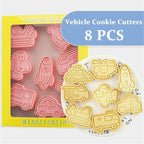 8Piece Vehicle Cookie Cutters Set,3D Transport-Themed Plastic Baking Molds for Cookies, Fondant, Cheese – Includes Plunger Stamp for Embossing (E)