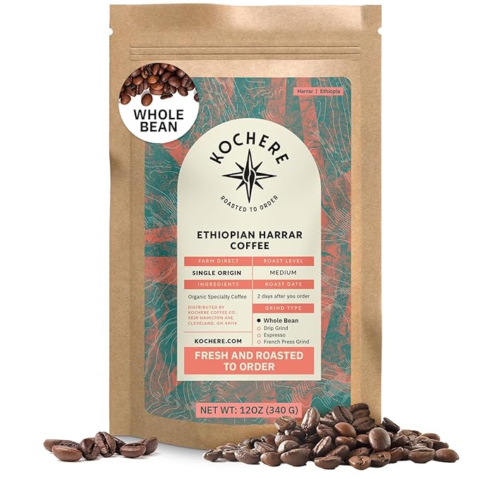 Organic Ethiopian Whole Bean Specialty Coffee Medium Roast - 12 oz, Single Origin Ethiopian Harrar Beans, Fair Trade, Chocolate & Fruity Notes - Roasted To Order