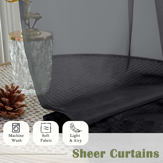 Black Sheer Curtains 90 Inches Long 2 Panels, Light Filtering Privacy Voile - Image 7