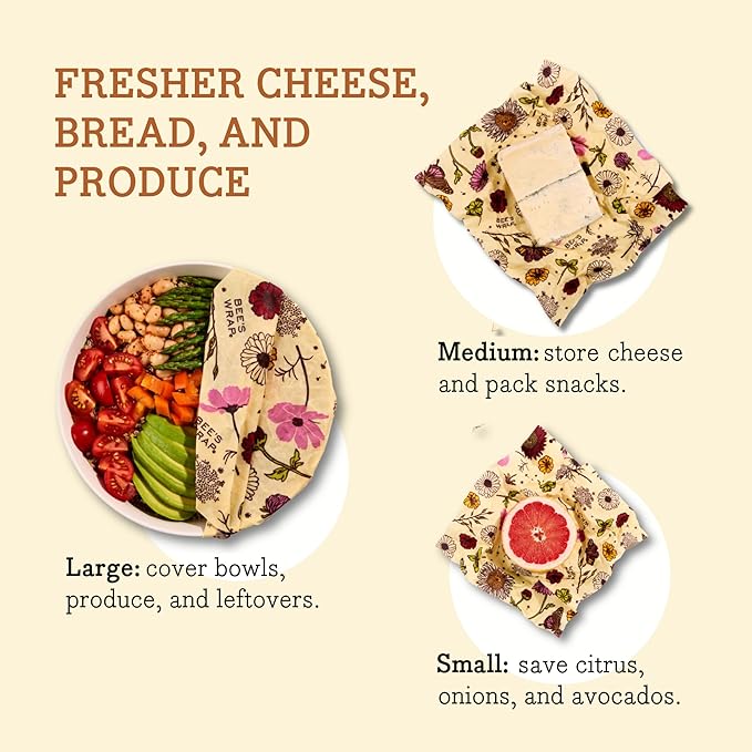 Bee's Wrap Vegan Beeswax Wraps for Food - Made in USA Reusable & Organic Food Wraps, Sandwich Wrap & Bowl Covers - Eco Alternative to Aluminum Foil & Plastic Wrap, Vegan Meadow Magic 3 Pack (S, M, L)