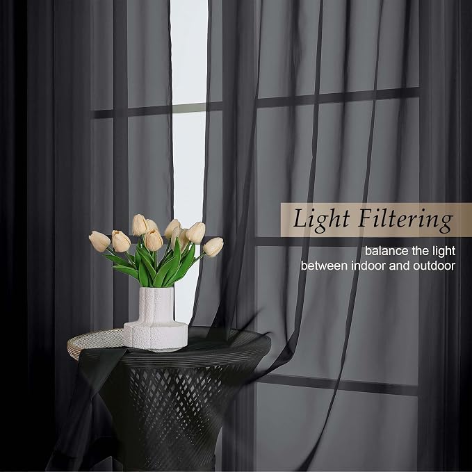 Black Sheer Curtains 84 Inches Long 2 Panels Set - Image 3