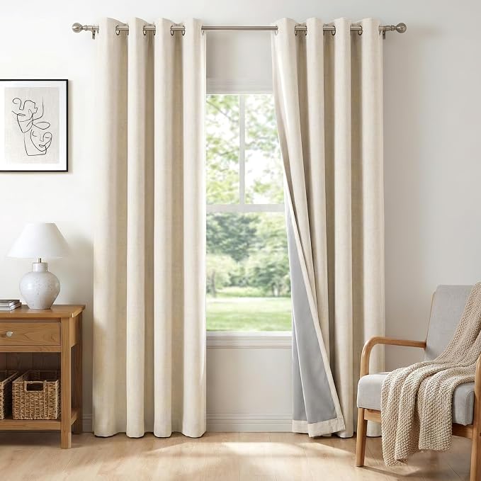 100% Blackout Linen Textured Curtains 96 Inch Long, Butter Cream | 100% by 100BlackoutShield